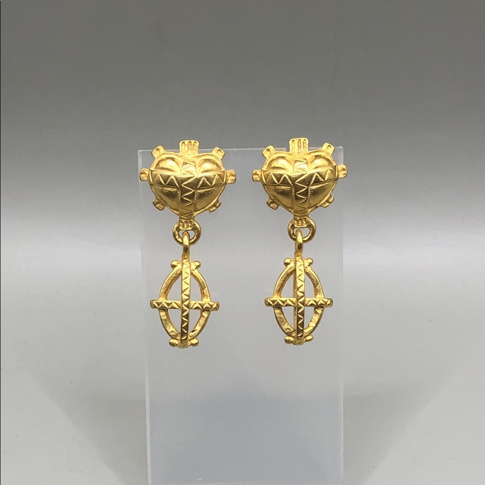 C.stein vintage puff heart dangle cross textured matte gold earrings statement